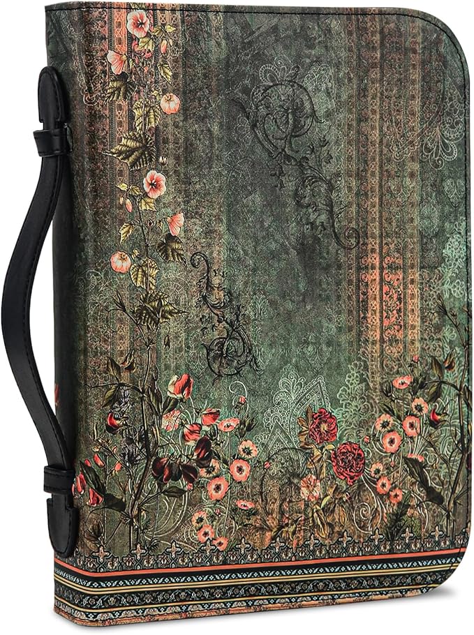 Bible Cover Case for Women PU Leather Woman Book Carrying Bag Bible, Protective Bible Organizer Holder Bag with Handle and Zippered Pocket, Christian Gift for Lady Girls (Boho Floral, L)