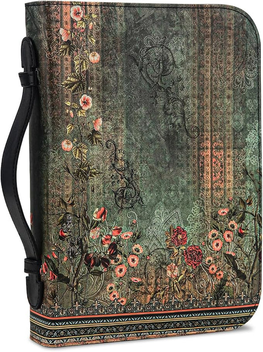 Bible Cover Case for Women PU Leather Woman Book Carrying Bag Bible, Protective Bible Organizer Holder Bag with Handle and Zippered Pocket, Christian Gift for Lady Girls (Boho Floral, L)