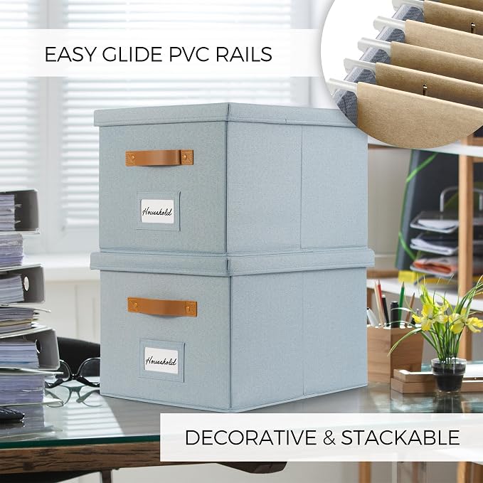 Decorative File Organizer Box Set of 2 - Collapsible Linen Filing Cabinets with Handles Are Perfect to Store All Your Documents & Hanging File Folders - Portable Easy Slide Office Crates with Lid