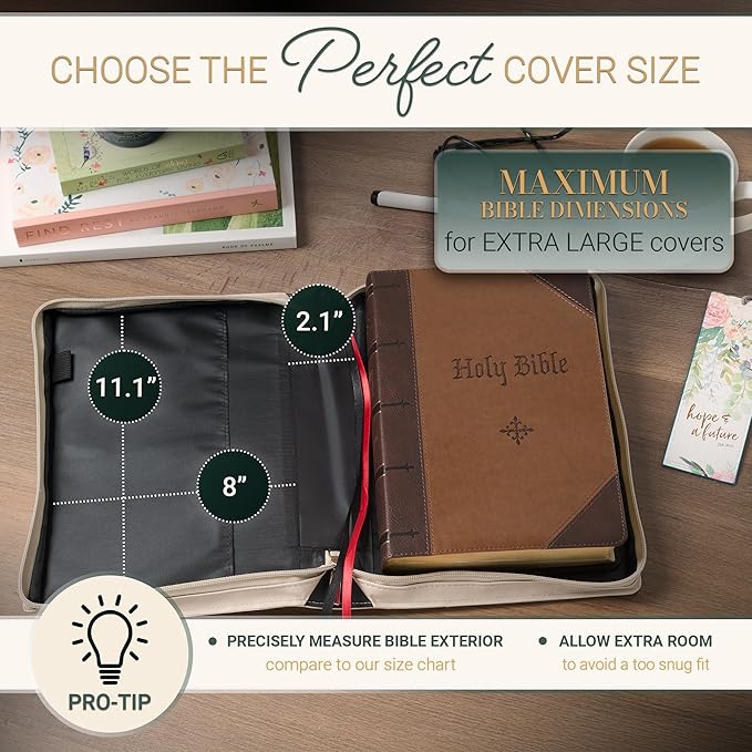 Christian Art Gifts Fashion Premium Vegan Leather Inspirational Bible Cover for Women: Everything Beautiful Encouraging Golden Bible Verse, Pen Loops, Pockets, Taupe & White Multicolor Floral, XL