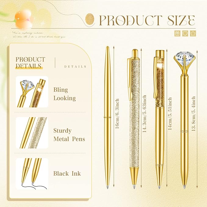 Sabary 8 Pcs Gold Pens with Pen Holder for Desk Glitter Crystal Diamond Cute Ballpoint Fancy Pencil Holder Bling Desk Organizer for Women Girls School Office Supplies Wedding Graduation Gifts