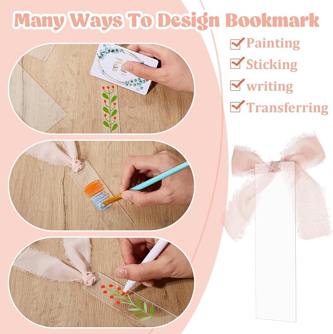 Yeaqee 100 Pcs Acrylic Bookmark Blanks Clear Bookmarks Acrylic Tags with 2 Rolls Ribbon DIY Craft Transparent Bookmark for Reading Lovers for School Presents(4.7 x 1.3 Inch,Light Pink)