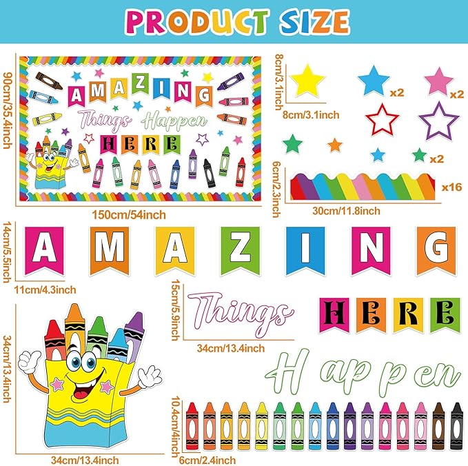gisgfim 3D Crayon Bulletin Board Decorations Set Welcome Classroom Decor Amazing Things Happen Here Paper Cutouts Back to School Pencil Name Tag Bulletin Board Decor for School Home Chalkboard Wall