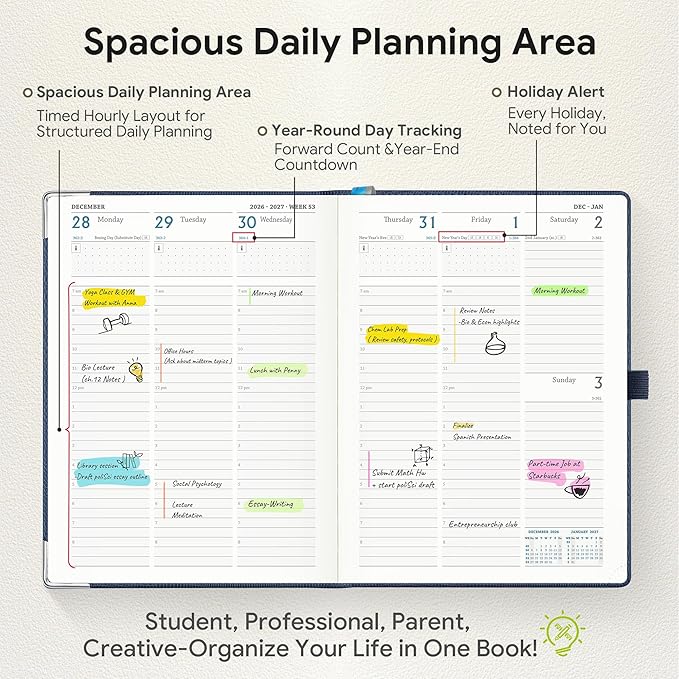 Planner 2026-2027 Weekly & Monthly Planner with Hourly Time Slots, 18 Month Academic Calendar July 2026 – Dec 2027, Vertical Layout, Monthly Tabs, Hardcover Business Agenda, Dark Blue