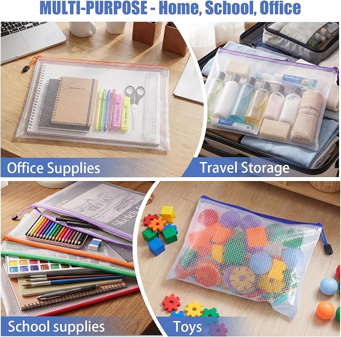 Thboxes 24 Pack Mesh Zipper Pouch Bags, A3 17x12 Inches Large Mesh Bag with Sticky Labels - 12 Colors Waterproof Zipper Bags for Classroom, Board Game, Puzzle, Office Files, Travel and Home Storage