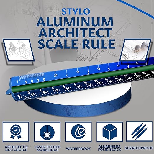 Stylo 12" Aluminum Architect Scale Ruler Laser Etched Triangle Drafting Ruler, Color Coded Grooves for Blueprint, Drafting and Drawing, Architectural Scale Ruler for Blueprints (Blue, Imperial Units)