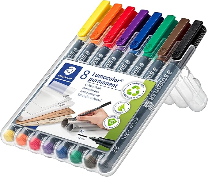 STAEDTLER Lumocolor Permanent Pen 317 Medium 1.0mm Line - Assorted Colours (Pack of 8) (317 WP8 ST), pack of 8