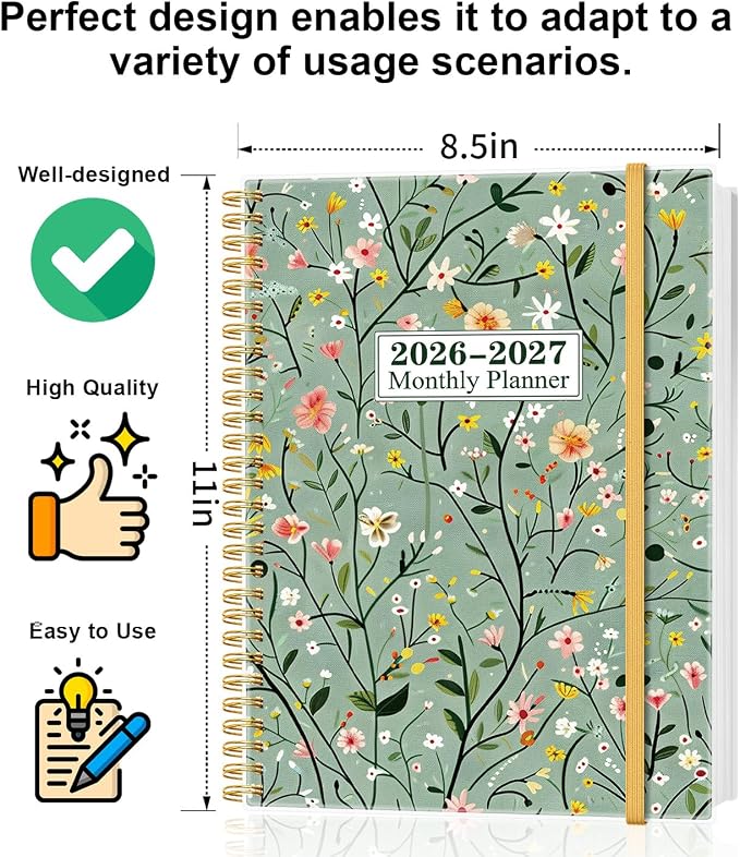 Monthly Planner 2026-2027 – Monthly Calendar from July 2026 to December 2027, 18 Month Planner with Spiral Binding, Inner Pocket, Elastic Closure, 8.5" x 11", Flower-B