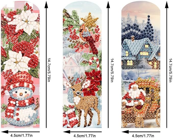 ARTopet 3Pcs DIY Diamond Art Painting Bookmarks with Colorful Butterfly Pendant PET Bookmark Ornament Double Sided Pattern Single Sided Diamond Book Marker Clip Gifts Tags-Christmas02