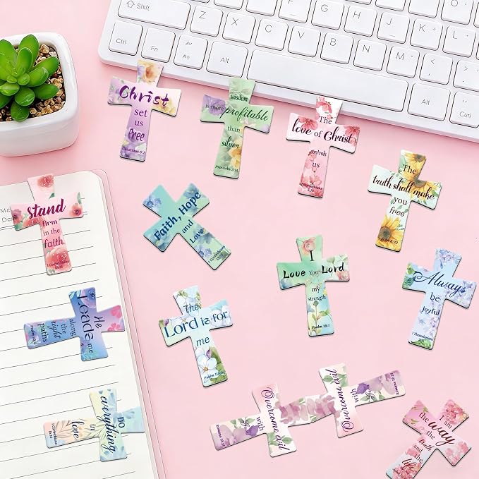 25Pack Magnetic Bookmarks Bulk Cross Bible Bookmark Christian Bookmarks for Women Men Kids Adults Teacher Book Lovers Gifts, Book Marks for Reading Religious Verses Magnet Bookmark Clips (Flower)