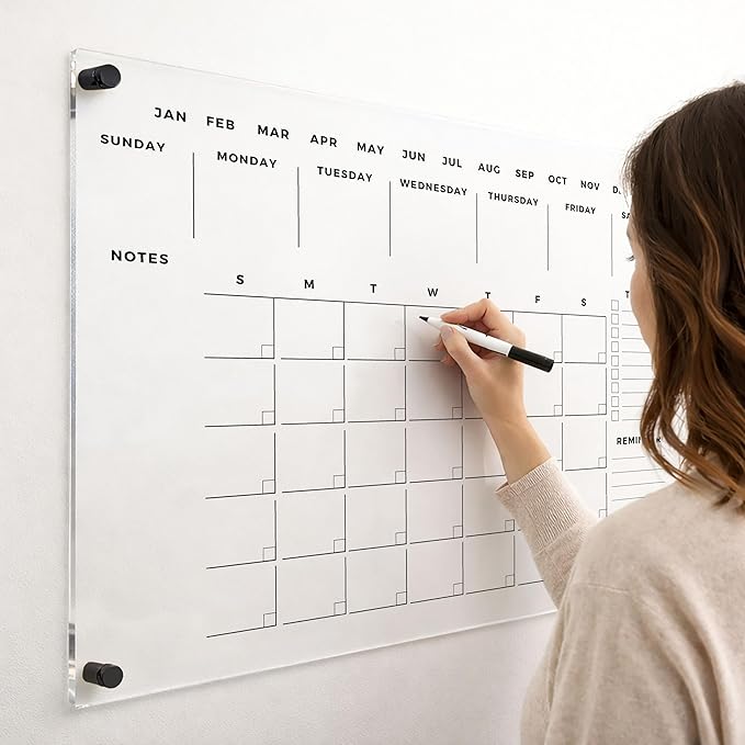 Acrylic Dry Erase Wall Calendar - Reusable Family Planner, Housewarming Gift, Horizontal Monthly Organizer Board (Black Standoff, 28"x20")