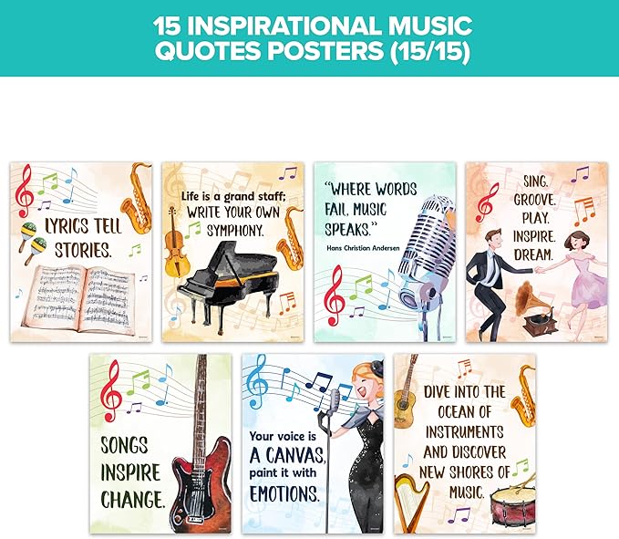 Decorably 15 Music Posters for Classroom Elementary and High School, 11x14in Inspirational Matte-Laminated for Learning Spaces, Hallways, Bulletin Boards, Home Study Room