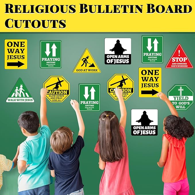 27PCS Religious Cutouts Jesus VBS Construction Traffic Road Sign for Jesus Birthday Classroom Bulletin Board Decors Sunday School God Construction Theme Bible Wall Bulletin Signs Classroom Supplies