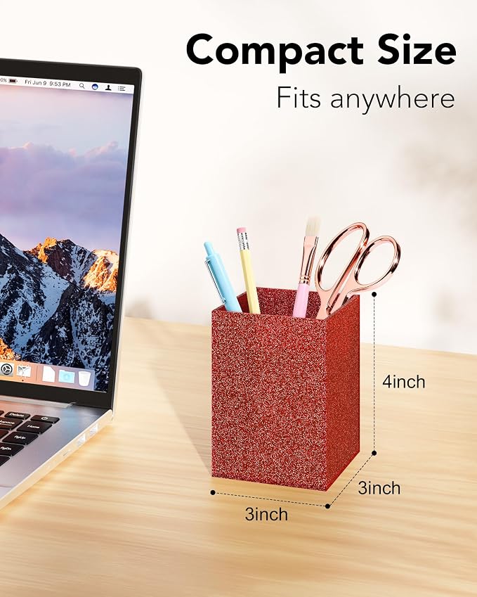 Red Glitter Acrylic Pen Holder, Acrylic Makeup Brush Storage Organizer, Pencil Pen Holder for Desk, Modern Desktop Accessories for Office School Home Supplies