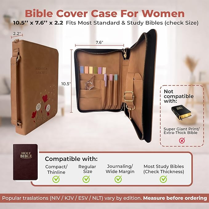 Bible Covers for Women – Durable PU Leather Bible Case with Thumb Page Holder & Shoulder Strap – Christian Gifts for Women and Elegant Leather Book Cover for Church & Study