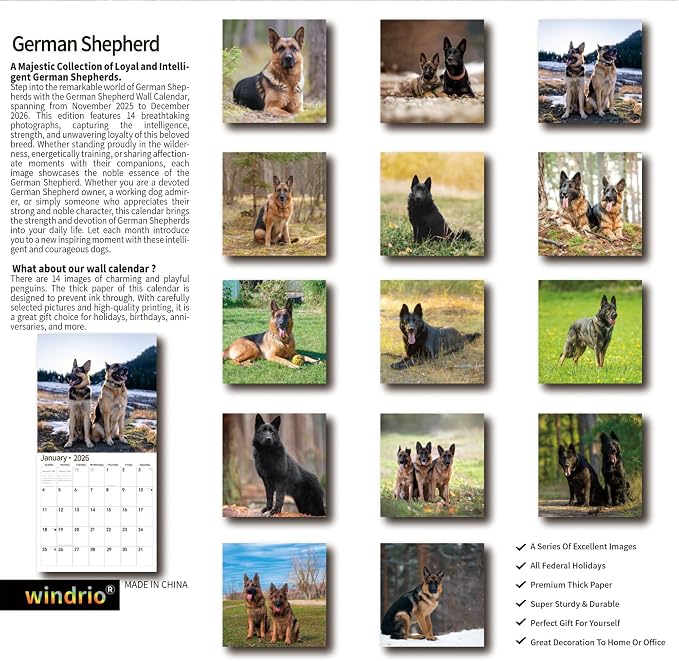 2026 Wall Calendar,Calendar 2026, November 2025 - December 2026, Wall Calendar German Shepherd, 12" x 24" Opened,Full Page Months Thick & Sturdy Paper for Calendar Organizing & Planning