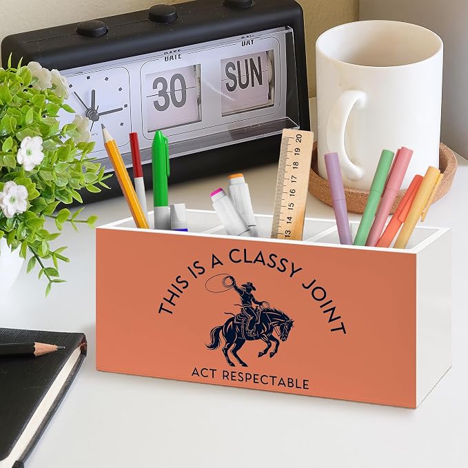 Funny Western Cowboy Pen Holder, Western Office Pen Pencil Holder Organizer for Desk Accessories, Cowboy Gifts, Southwestern Wooden Box Desk Decor for Home Office Desk Decorations