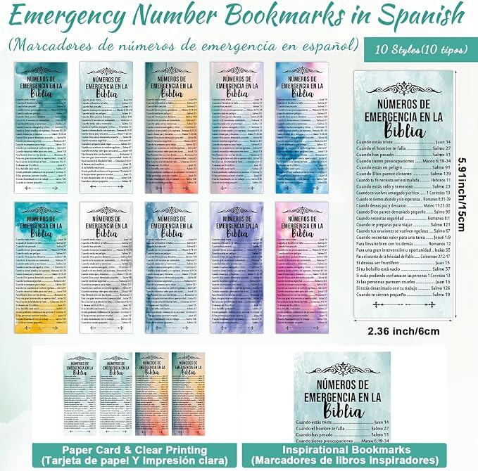 Feifeiya 25 Sets Spanish Christian Gifts Bulk, Bible Emergency Numbers Bookmarks, Scripture Wristbands and Pens, VBS Church Favors, Religious Graduation Gifts, Fathers Day Church for Men Women