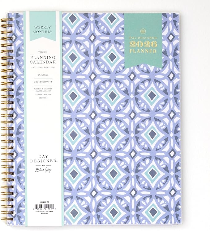 Blue Sky Day Designer 2026 Weekly and Monthly Planner Calendar, January 2026 - December 2026, 8.5" x 11", Flexible Cover, Durable Twin Wire Binding, Includes Storage Pocket, Stickers, Tile