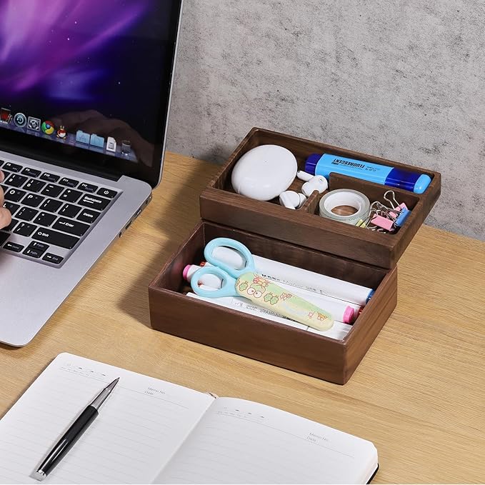 Valet Tray Box, Walnut Wooden Storage Box, Office Desk Daily Supplies Organizer