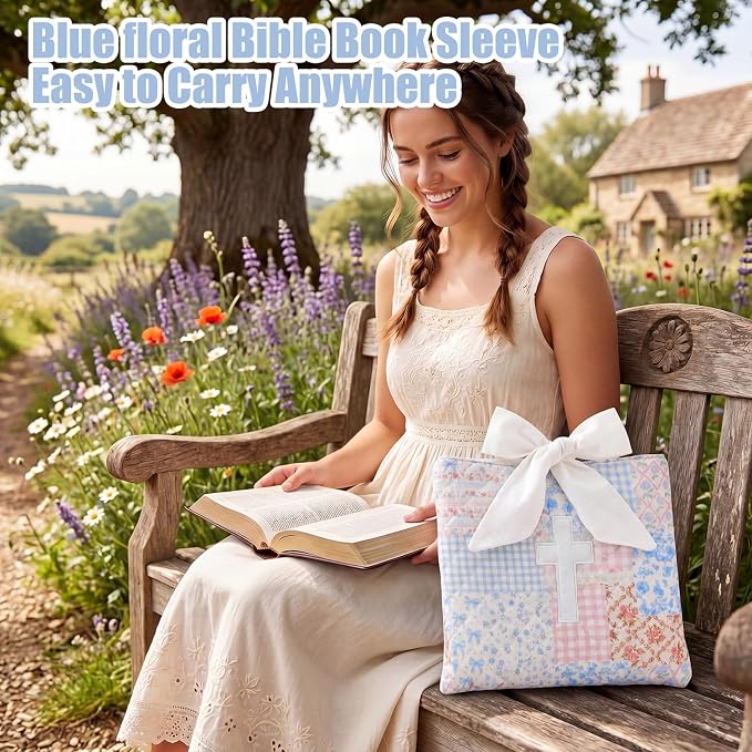 Honoson Quilted Bow Bible Sleeve Cover Case Padded Protector Washable Bible Bag Pouch Christian Gift for Women Girls Book Lover Gifts(Blue Floral Patchwork Cross)