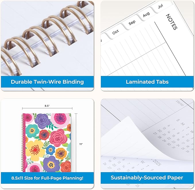 Blue Sky 2025-2026 Weekly and Monthly Academic Year Planner Calendar, July 2025 - June 2026, 8.5" x 11", Flexible Cover, Wirebound, Storage Pocket, Laminated Tabs, Mahalo