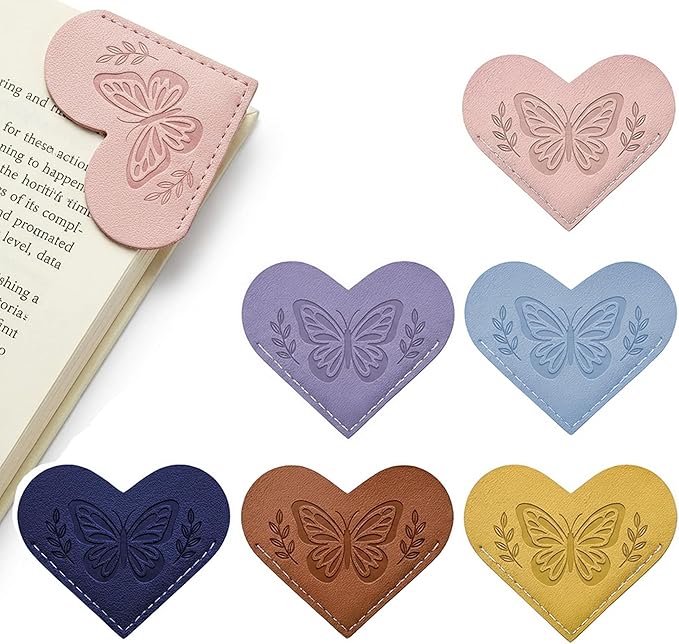 Leather Heart Bookmarks for Reading Women - 6 Pcs Butterfly Embossed Corner Page Bookmarks, Cute Book Marks Gift for Book Lovers Teachers Students Kids, Butterfly Gifts for Women Readers Accessories