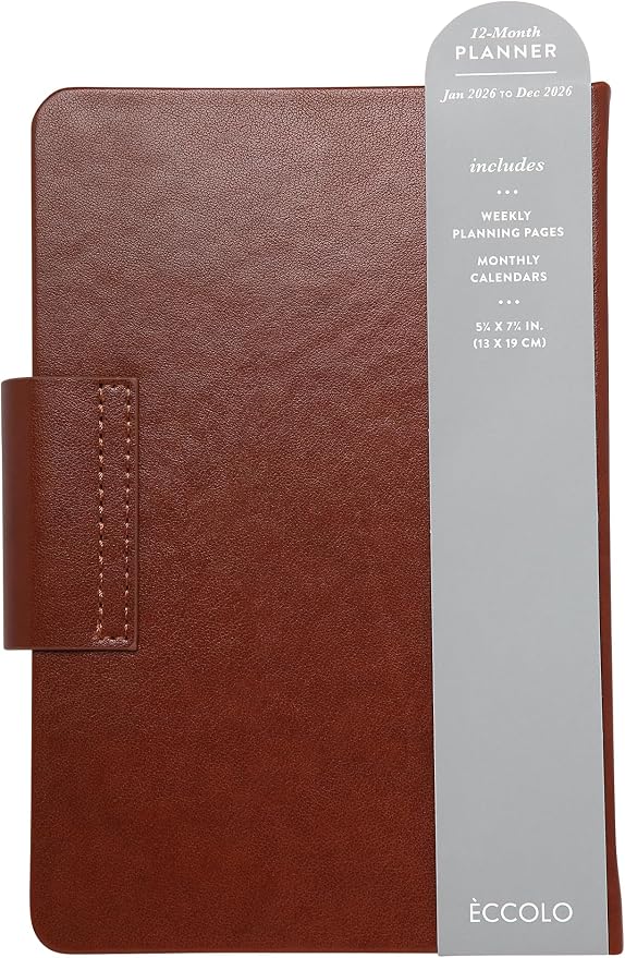 WORLD TRAVELER 2026 Planner - 6x8 Inch Weekly and Monthly Calendar Planner Agenda Book with Bookmark & Ribbon for School and Office, Size 6X8, Brown Circle