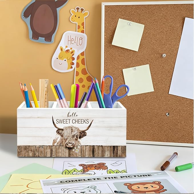 Rustic Highland Cow Bathroom Toothbrush Holder, Highland Cow Gifts Pen Pencil Organizer, Hello Sweet Cheeks Funny Animal Wooden Box Sign Decor for Home Bathroom Washroom Decoration