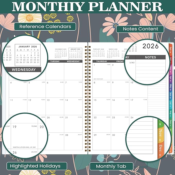2026 Monthly Planner - January 2026 - December 2026, 9" x 11", Large Calendar 2026, 12 Months Planner with Monthly Tabs, Double Pockets, Spiral Binding