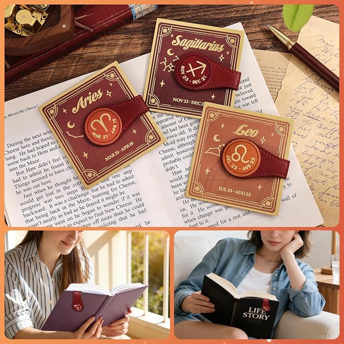 3 PCS Leather Magnetic Bookmark Clips, Zodiac PU Leather Bookmarks for Book Lovers, Full Set of Book Clip Accessories, Fire Sign