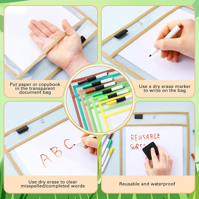 Watersay 24 Pcs Dry Erase Pocket Reusable Sleeves 10" x 14" Clear Plastic Sheet Protectors with Markers and Mini Dry Erasers for Paper(Assorted Color)