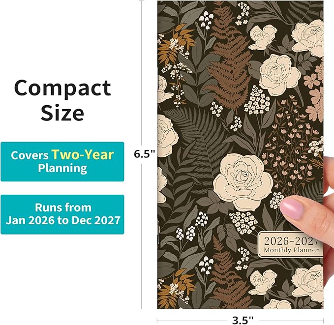 Pocket Calendar 2026-2027 for Purse, Two Year Monthly Planner Pocket Size 6.5" x 3.5", Jan 2026 - Dec 2027 Monthly Planner Small Calendar for School, Work and Home - Wild Rose