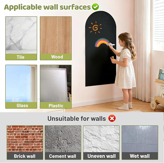 40 x 18 Arch Magnetic Wall Decal for Kids, Upgraded Self-Adhesive UnPeel Magnetic Chalkboard for Wall, Magnet Wall Drawing Learning for Playroom, School, Home(Black)