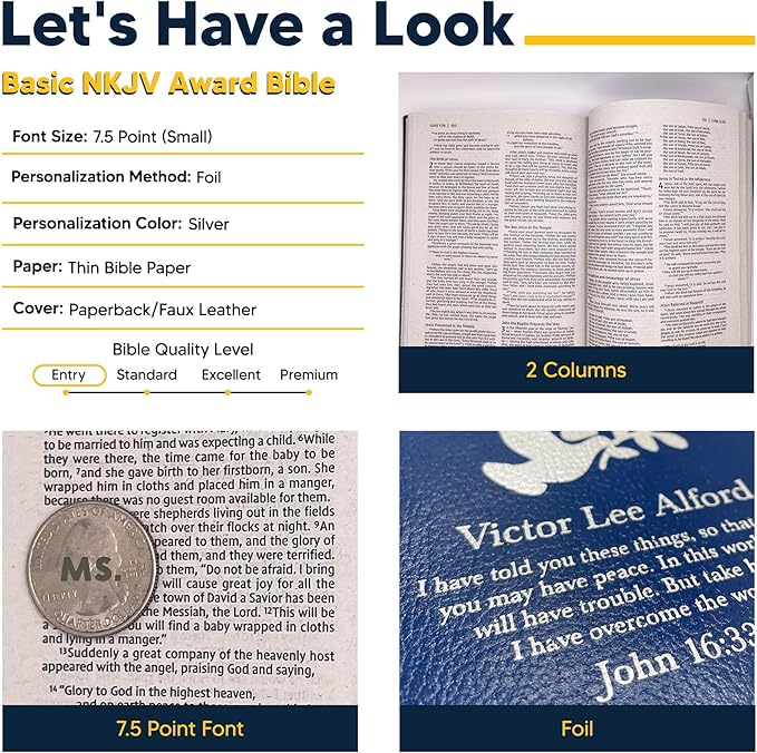 Personalized NKJV Bible New King James Version Faux Leather Holy Bible Small Print Economy Bible with Custom Name at The Lower Right Side, Custom Gift for Christian & Religious Celebrations (Blue)