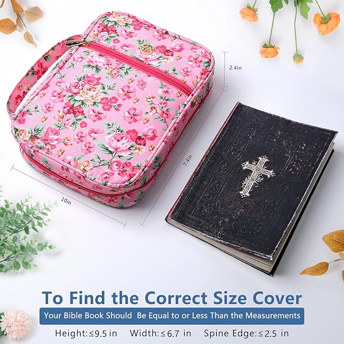 G-LEAF Bible Cover Case/Book Cover, Bible Case for Women Girls, Bible Cover Bags Floral Pattern With Handle Fits for Standard Size Bible, 9.5x6.7x2.5 In