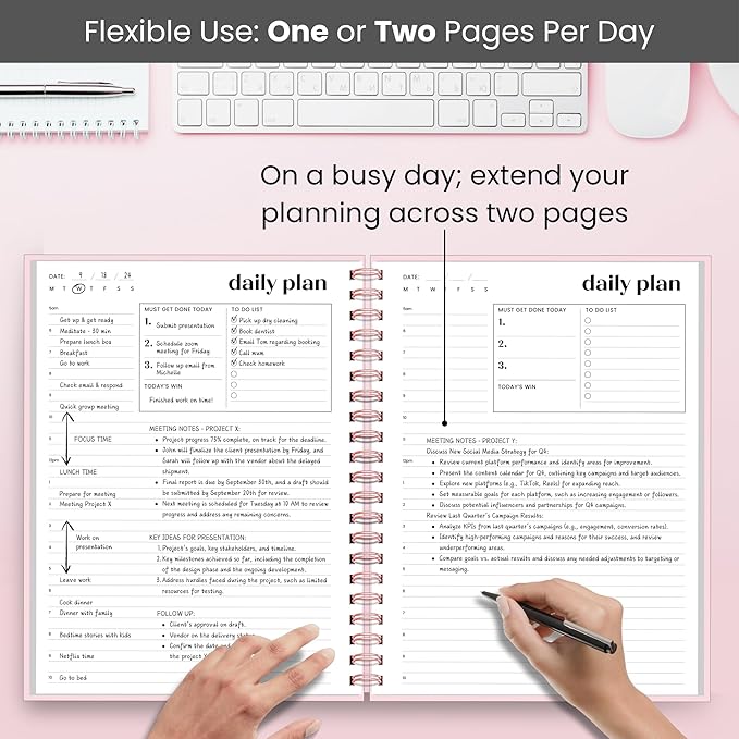 Undated Daily Planner | 2026 Calendar | Large Daily and Monthly Planner with Hourly Schedule, 8.5" x 11" | 6 Month, Full Page a Day, To do List, Time Blocking, Pink Aesthetic Hardcover Spiral Notebook