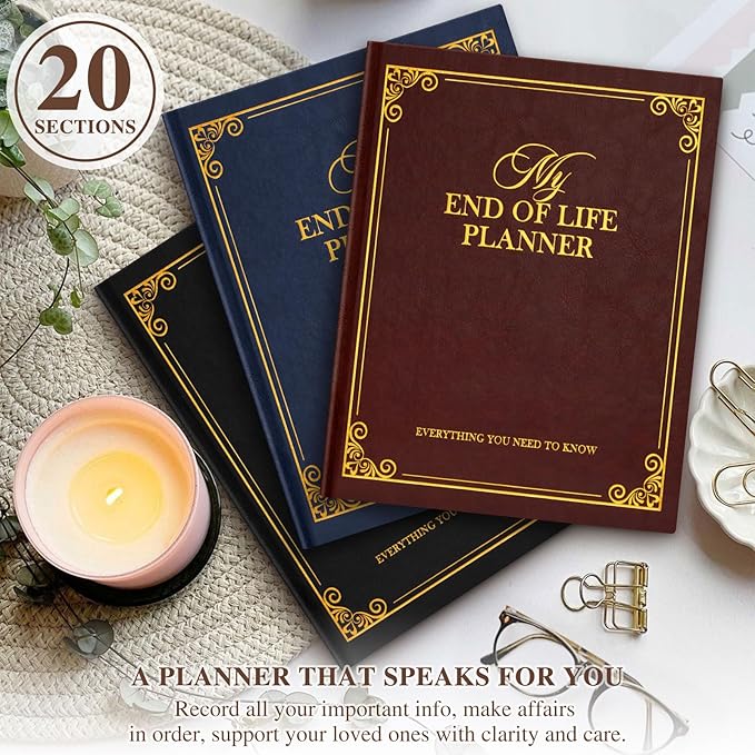 Lanpn End of Life Planner Death Organizer with Tabs, Final Wishes & Financial Estate Planning Journal, When I Die Journal for Senior, Before Death Life and Care Plan Book, Brown, Leather Hardcover