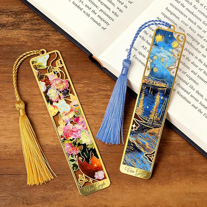 Kinsound Metal Bookmarks with Tassel, Golden Van Gogh Monet Oil Painting Theme Cute Hollow Book Markers for Reading Women, Teachers, Students, Reading Accessories Gifts for Book Lovers (Style B(6PCS))