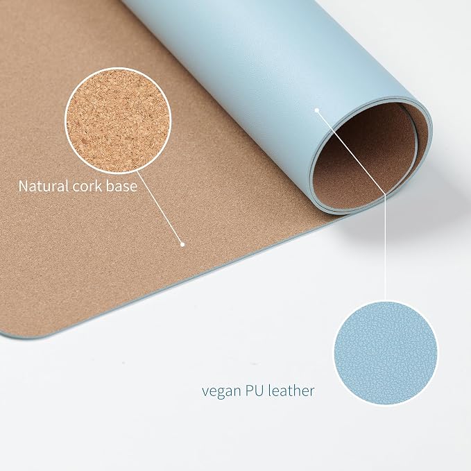 RENMTURE Dual-Sided Large Desk Pad, Faux Leather Natural Cork Mouse pad, Desk Accessories Protector, for Office and Home Work (Light Blue, 23.6" x 13.7")