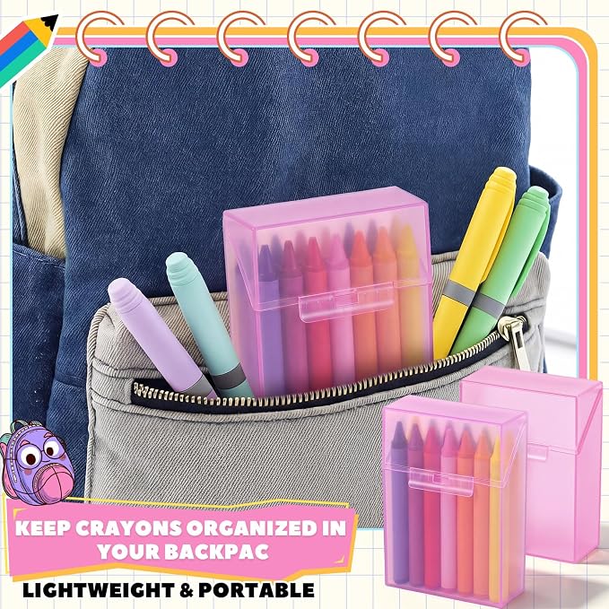 Clabby 2 Pcs Plastic Crayon Organizer Case for 24 Count Crayons Kids Art Supply Storage Box with Lid, Portable Holder for Classroom Home Travel, Fits Standard 24-Pack Crayon (Pink)