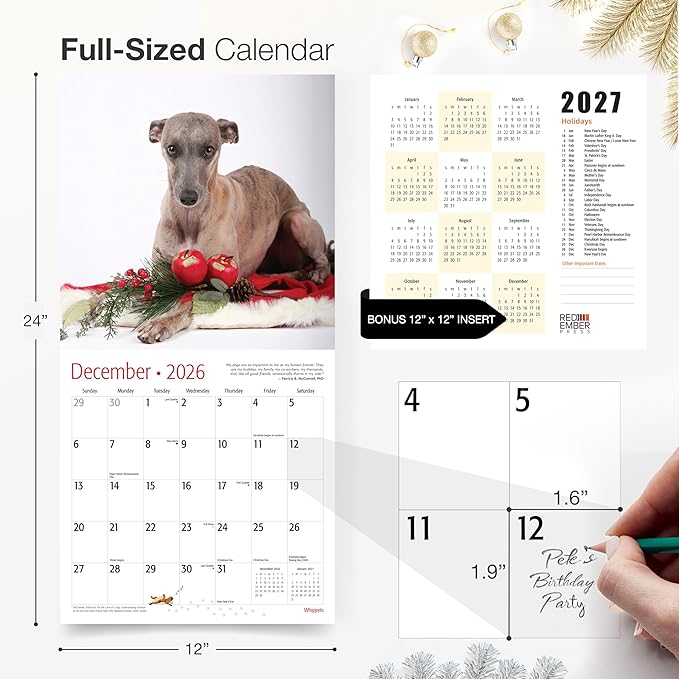 RED EMBER Whippets 2026 Wall Calendar 12 Month | 12" x 24" Open | Thick & Sturdy Paper | Giftable | Cute Puppy Dog Calendar 2026