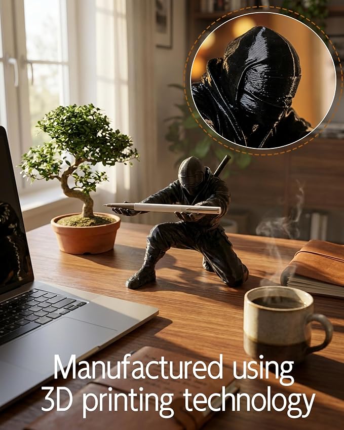 Ninja Pen Holder, 3D Printed Single Pencil Holder Display Stand, Cool Desk Organizers and Decor for Men, Birthday Gift, Father's Day, Office, Home (Black)