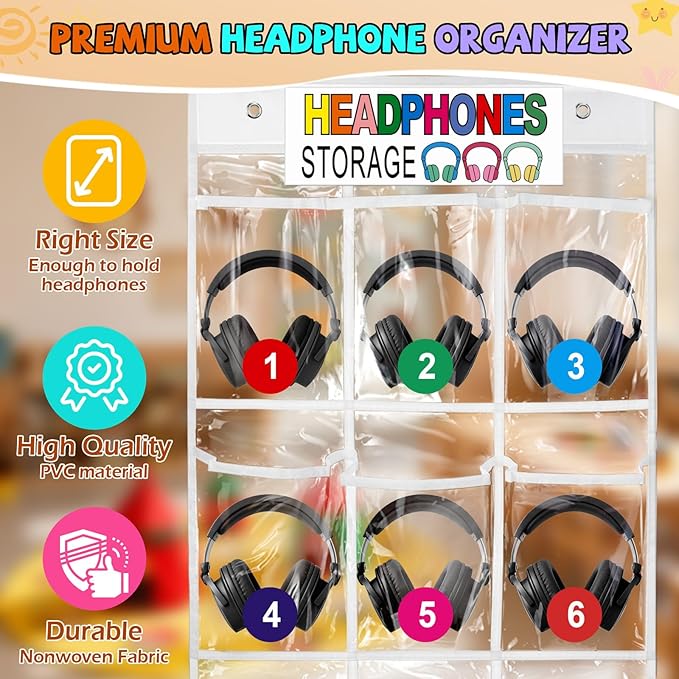 Headphone Storage Classroom Headphone Organizer 15 Pockets PVC Clear Organizer Holder for School Cell Phones Calculators, With Headphone Storage Stickers & Digital Stickers