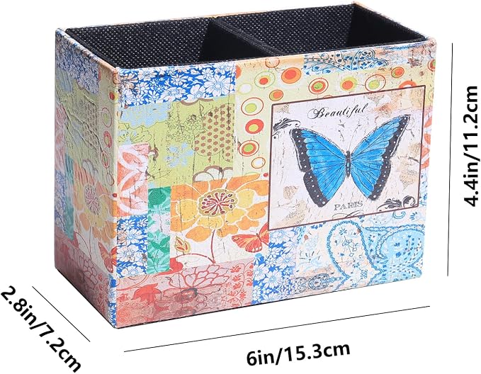 Decorative Remote Control Holder, Leather TV Remoter Caddy Storage Box Desktop Organizer Makeup Brush Pen Holder Storage Fits TV Remotes, Media Controllers, Office Supplies (Butterfly Pattern)