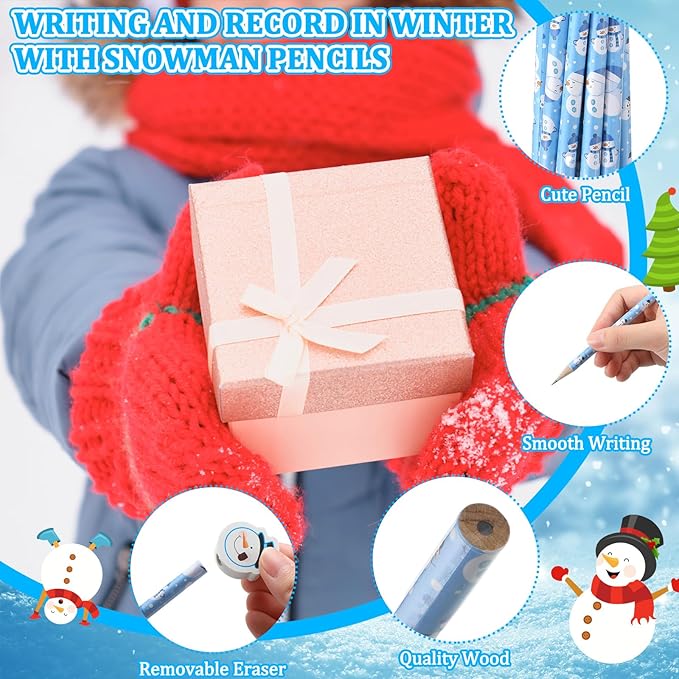 32 Pcs Snowman Pencils with Erasers, 16 Winter Snowman Pencils Bulk 16 Erasers Christmas Stationery Supplies for Xmas Classrooms Exchange Reward Prizes Home Office School Supplies