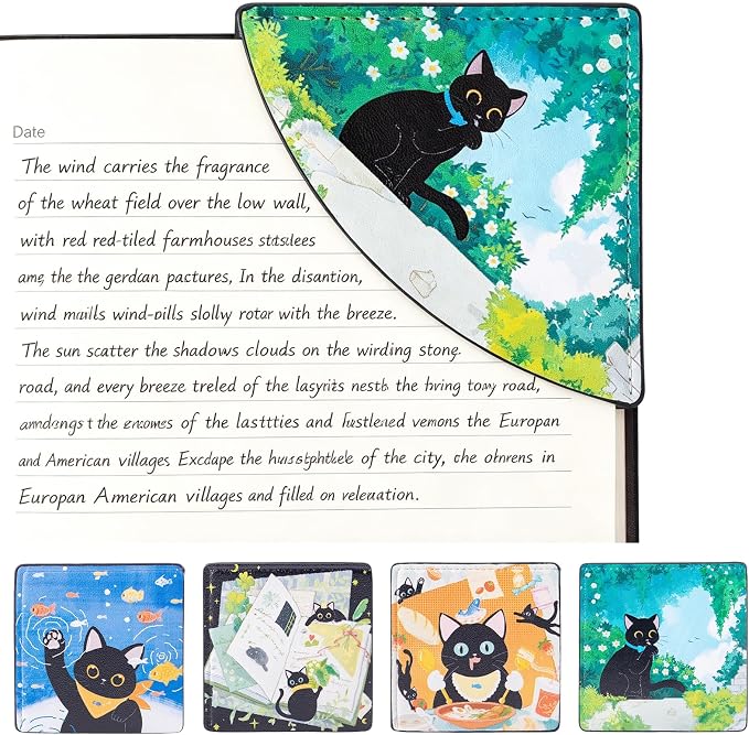4Pack Bookmarks Cute Black Cat Themed Corner Page Markers Rural Style Artificial Leather Book Page Holders for Reading,Teachers Students Book School Office Accessories