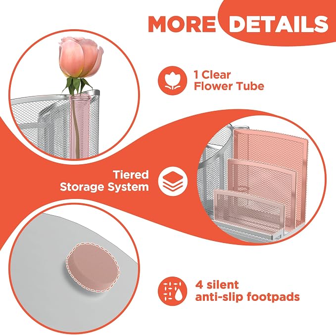 3 Compartment Pen Holder with Vertical Mail Organizer and Flower Tube, Metal Mesh Desk Organizer Modern Decor Aesthetic-Paper Letter Sorter Ideal for Pencil,Envelope and File(Silver)