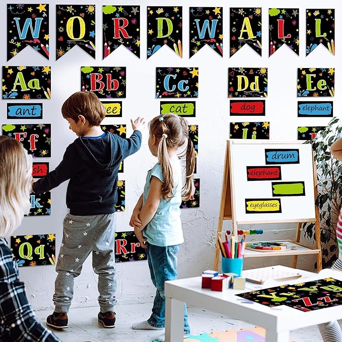 Word Wall Classroom Bulletin Board Set Classroom Alphabet Letters for Wall Alphabet Classroom Decoration Supplies for Home Preschool Primary School Classroom Wall Decor(Colorful on Black)