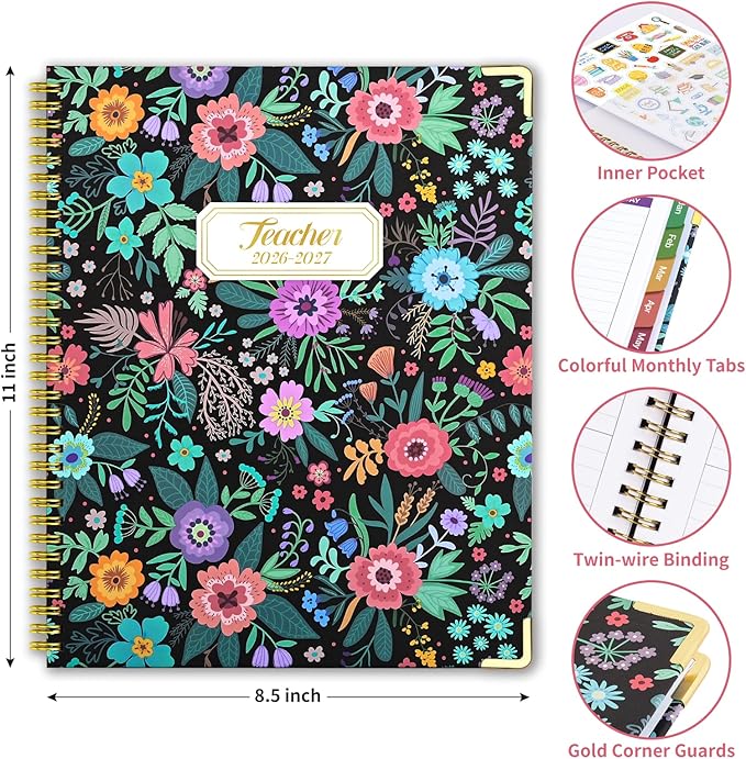 Teacher Planner 2026-2027, July 2026 to June 2027 Academic Year, 8.5" x 11" Lesson Planner Book for Teachers with Colorful Tabs, Teacher Calendar for Classroom or Homeschool, Hardcover, Black